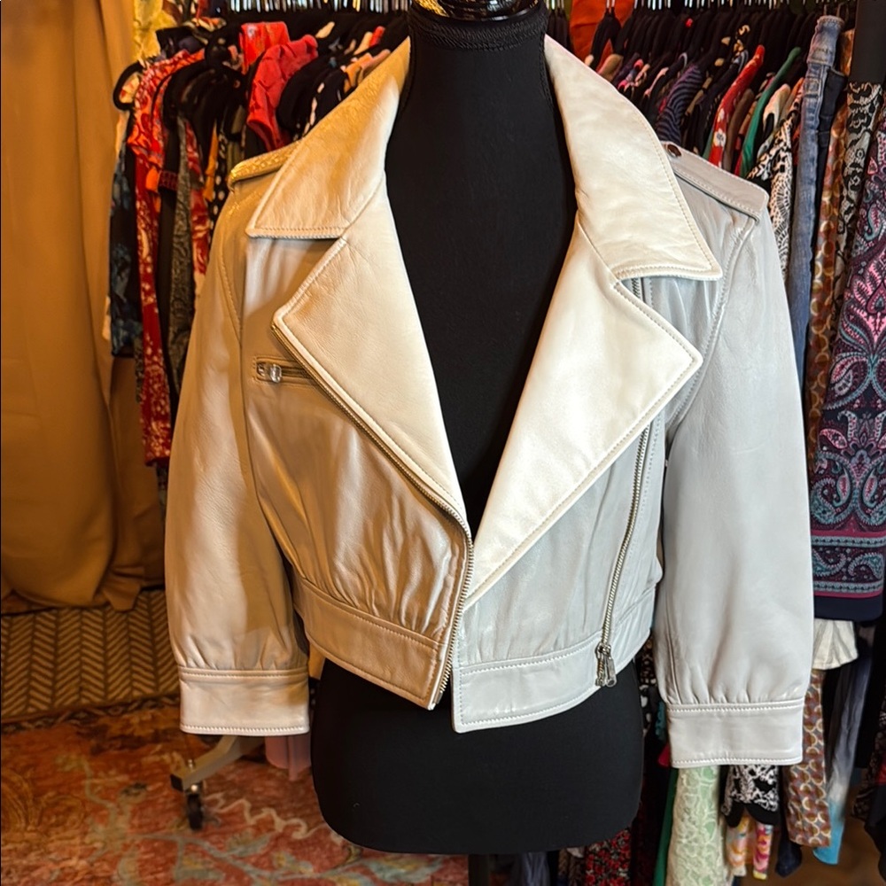 Lamarque Cream Leather Moto Jacket with Asymmetrical Zipper